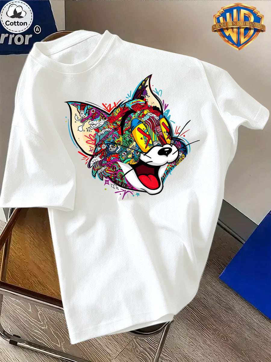 Cartoon Pattern Print T-Shirt, Round Neck Design, Pure Short Sleeve Street Casual Wear. Easy And Comfortable, Versatile Summer Short Sleeve T-Shirt, Suitable for Men'S Outdoor Activities, Gym Studio, Office Daily Wear - White