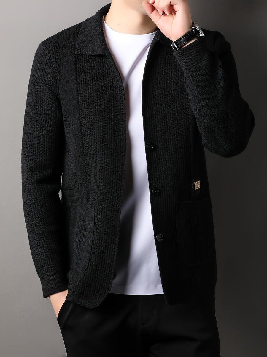 Du Jing Lan OBM Spring/Autumn New Arrival Men's Knit Cardigan, Old Money Style Solid Color Striped Single-Breasted Open Front Lapel Knit Cardigan, Men's Business Casual Fashion Single-Breasted Open Front Knit Cardigan Top, Suitable for Spring - Black