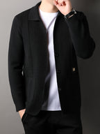 Du Jing Lan OBM Spring/Autumn New Arrival Men's Knit Cardigan, Old Money Style Solid Color Striped Single-Breasted Open Front Lapel Knit Cardigan, Men's Business Casual Fashion Single-Breasted Open Front Knit Cardigan Top, Suitable for Spring - Black