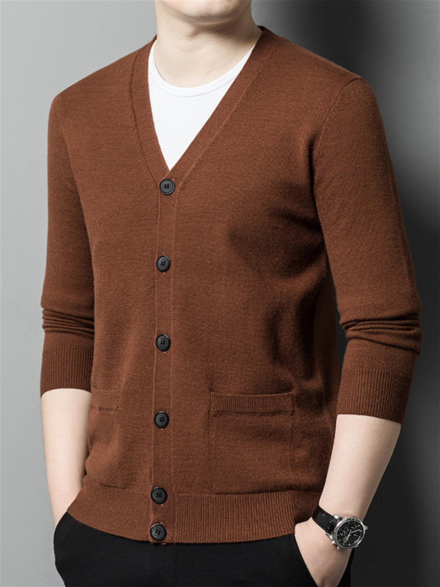 Autumn Winter Knit 3D Solid Color V-Neck Sweater, Basic Knit Cardigan for Men, Fashionable Long Sleeve Sweater, Cangyuan Y - Coffee Brown