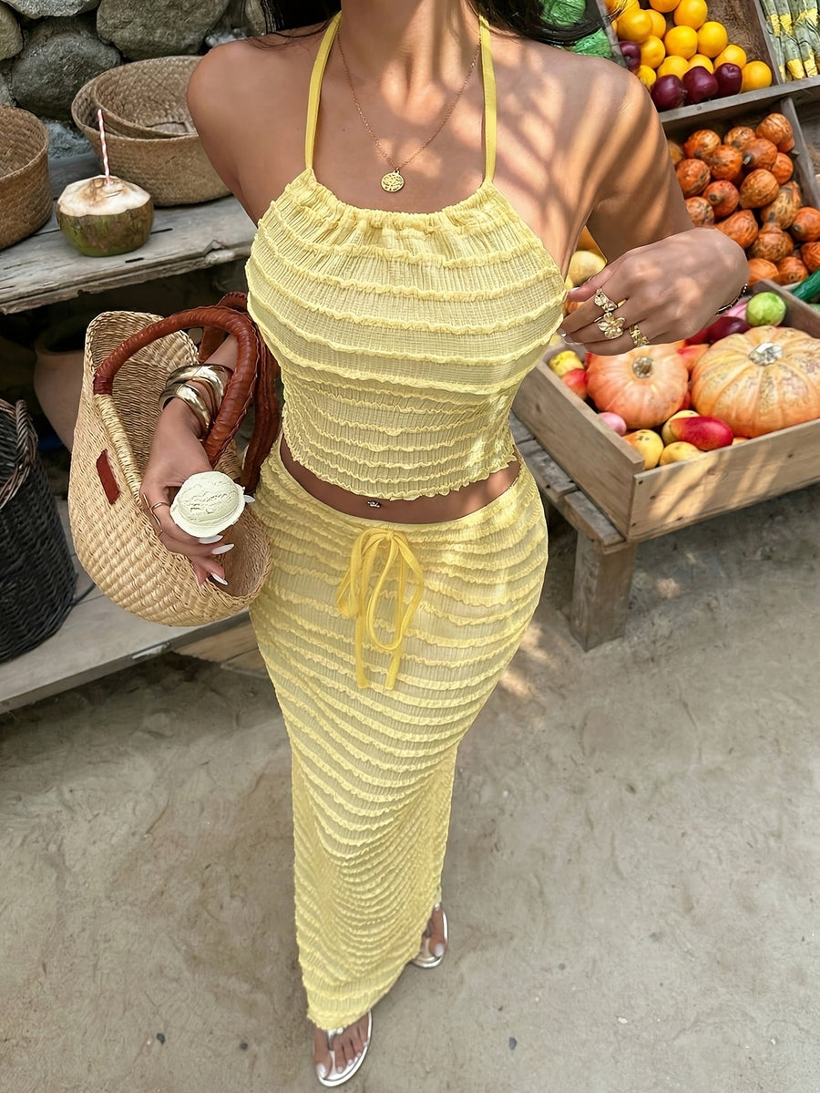 Women'S Light Yellow Jacquard Camisole And Skirt Set, Vacation Wear, Skirt with Lining - Yellow