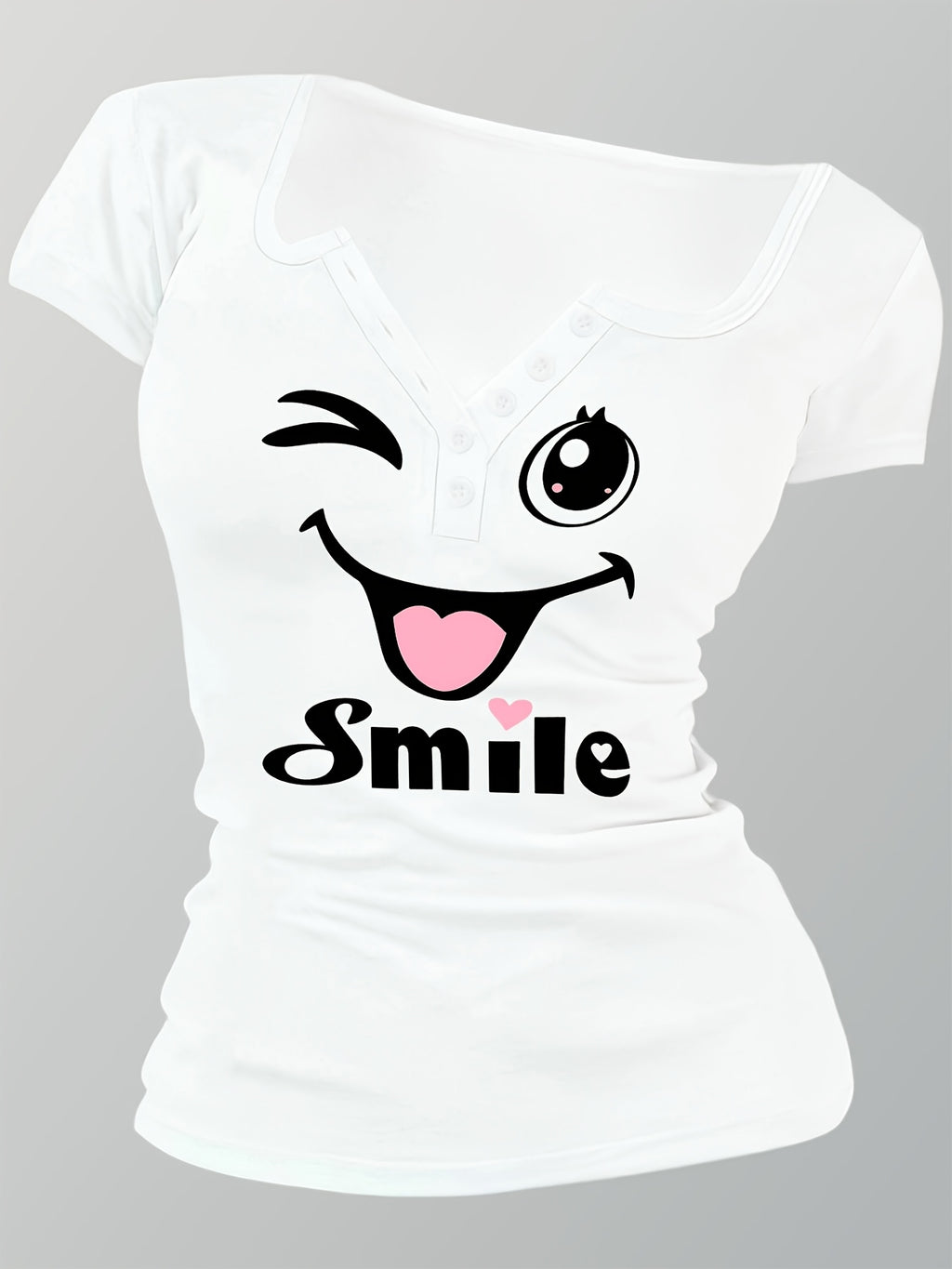 Artistic Smiling Face Pattern, Women'S Hot Outfit with Sexy Design And Buttons, Non-V-Neck Women'S T-Shirt, Suitable for All Four Seasons, Revealing Y20K/Casual/Sports/Commuting/Fashionable/Elegant, Comfortable And Breathable Gift - White