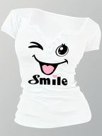 Artistic Smiling Face Pattern, Women'S Hot Outfit with Sexy Design And Buttons, Non-V-Neck Women'S T-Shirt, Suitable for All Four Seasons, Revealing Y20K/Casual/Sports/Commuting/Fashionable/Elegant, Comfortable And Breathable Gift - White