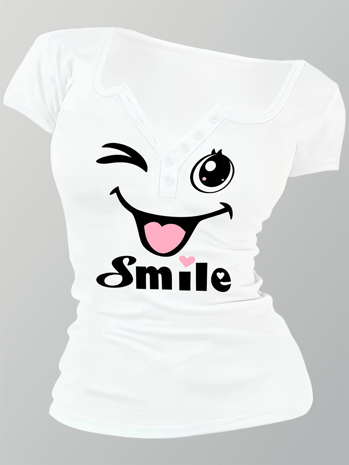 Artistic Smiling Face Pattern, Women'S Hot Outfit with Sexy Design And Buttons, Non-V-Neck Women'S T-Shirt, Suitable for All Four Seasons, Revealing Y20K/Casual/Sports/Commuting/Fashionable/Elegant, Comfortable And Breathable Gift - White