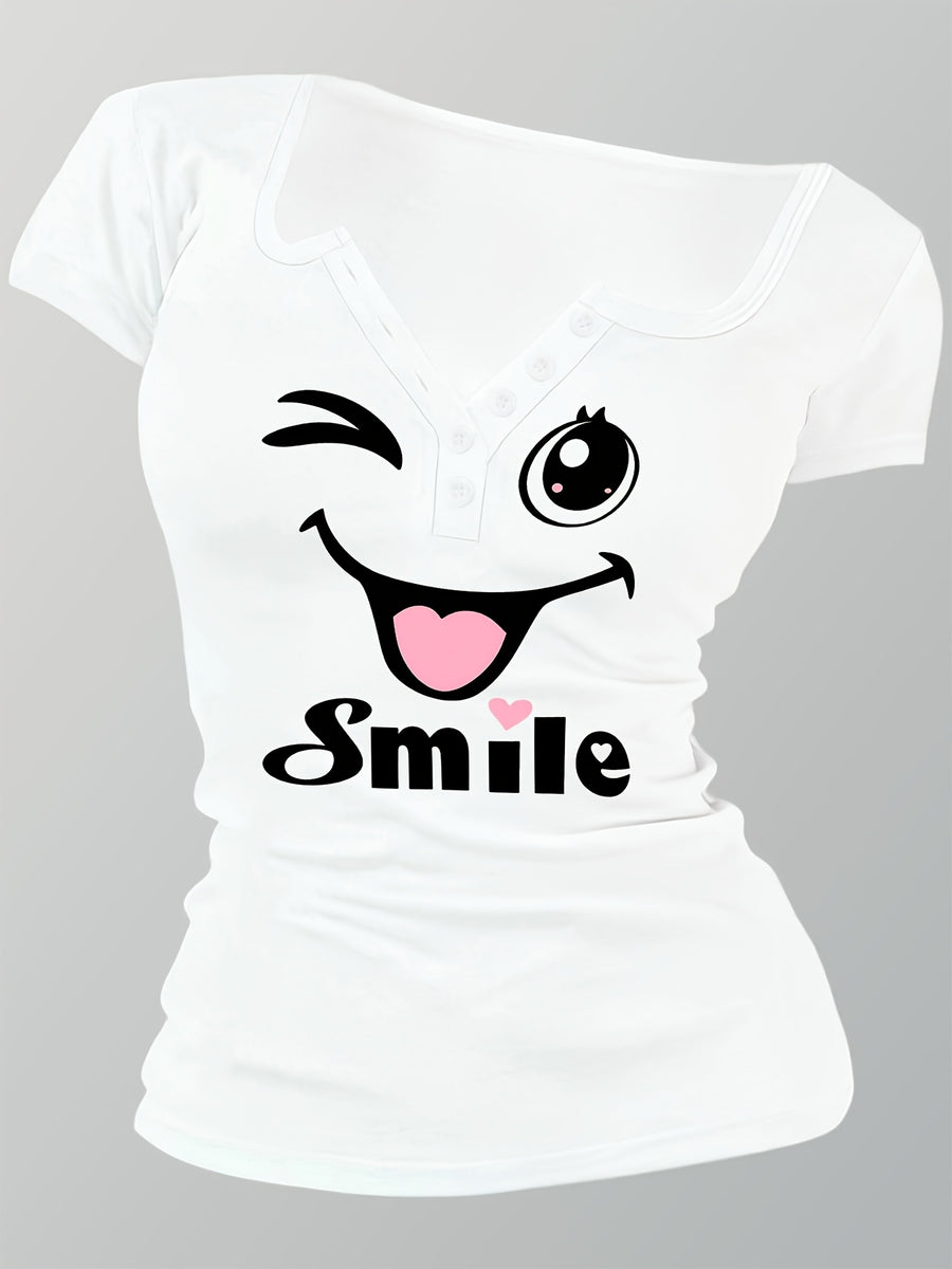 Artistic Smiling Face Pattern, Women'S Hot Outfit with Sexy Design And Buttons, Non-V-Neck Women'S T-Shirt, Suitable for All Four Seasons, Revealing Y20K/Casual/Sports/Commuting/Fashionable/Elegant, Comfortable And Breathable Gift - White