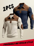 Men's Casual Long Sleeve Lapel Pullover with Patchwork Half-Zip Design, Two-pc, Multiple Colors Available, Men's Outdoor Casual Wear Suitable for Outdoor Sports and Vintage Casual Styling - Apricot+Navy Blue