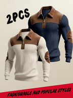 Men's Casual Long Sleeve Lapel Pullover with Patchwork Half-Zip Design, Two-pc, Multiple Colors Available, Men's Outdoor Casual Wear Suitable for Outdoor Sports and Vintage Casual Styling - Apricot+Navy Blue