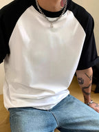 Men's Crew Neck Black and White Color Block Raglan Short Sleeve Top, Soft, Skin-Friendly, Breathable Basic T-Shirt, Suitable for All Seasons, Versatile for Commuting and Outings, Men's Apparel - White