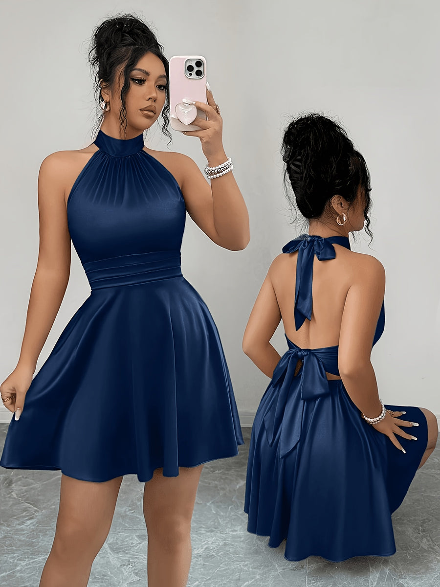 Ladies Pea Green, Fashionable Luxurious Elegant Sexy Green Satin Tie-Back Backless Mini Dress, Daily Outings, Formal Banquets, Dates, Parties, Weddings, Festivals, Spring And Summer Short Skirts, Vacations, Summer Holidays - Navy Color