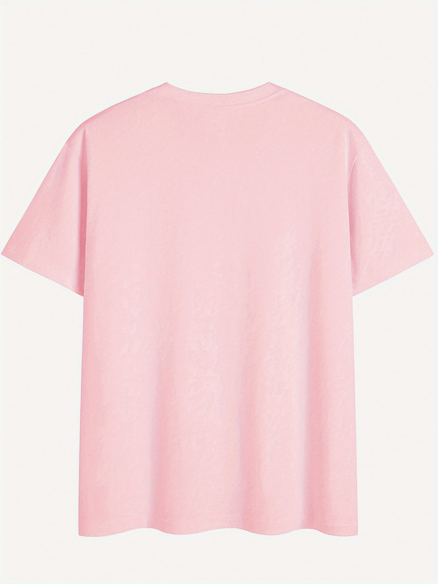 Graphic Print Drop Shoulder T-Shirt, Short Sleeve Crew Neck Casual Top for Spring & Summer, Women'S Clothing - pink color
