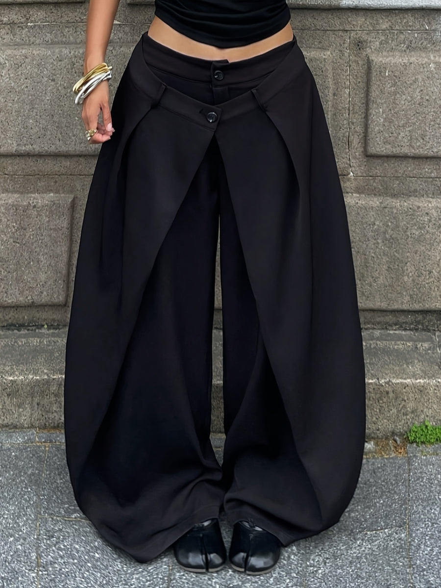 Women'S Retro Striped Wide-Leg Trousers with Cross-Waist Head Loose Drapey Floor-Length Pants Casual Suit Trousers - Black