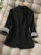New Women's Fashion Casual Office Commuting Lapel Striped Patchwork Single-Breasted Slim Fit Three-Quarter Sleeve Blazer 603# - Black