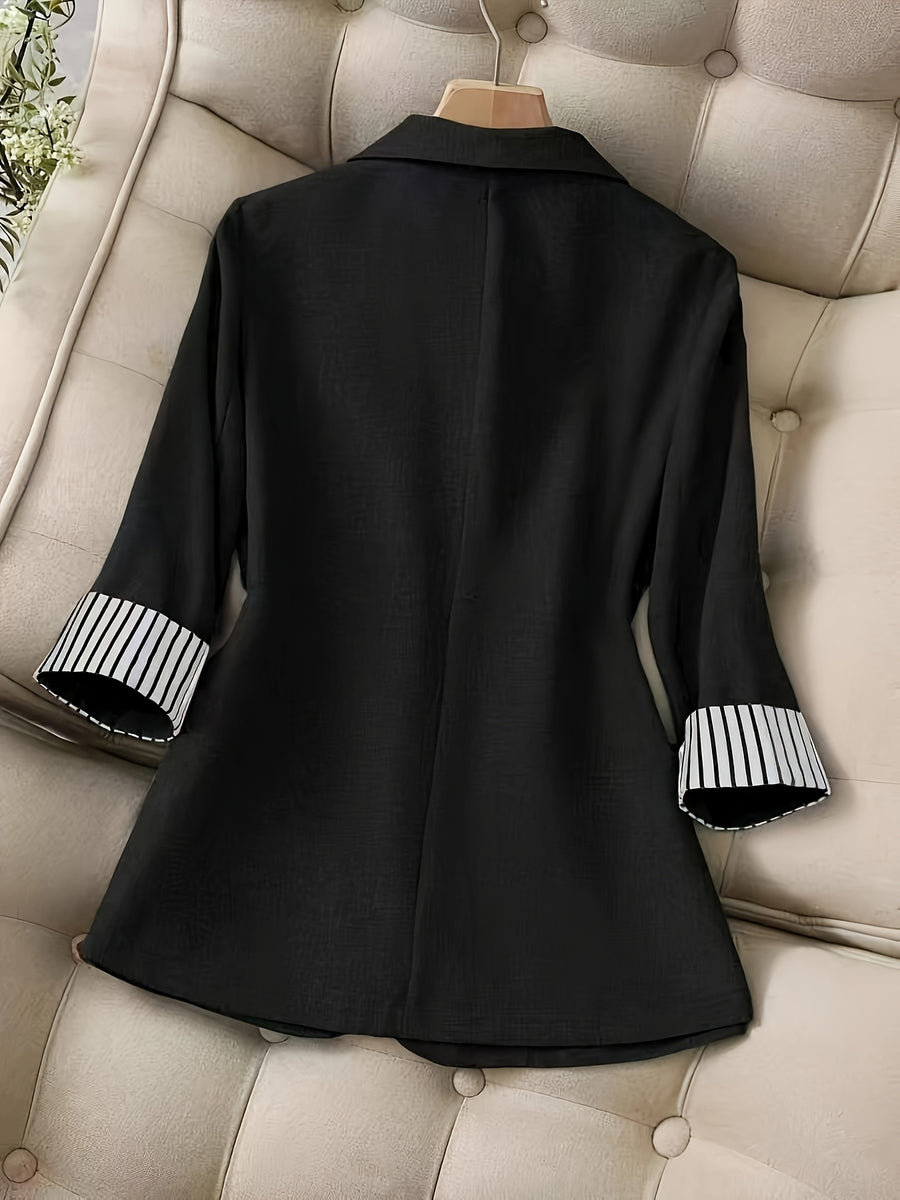 New Women's Fashion Casual Office Commuting Lapel Striped Patchwork Single-Breasted Slim Fit Three-Quarter Sleeve Blazer 603# - Black
