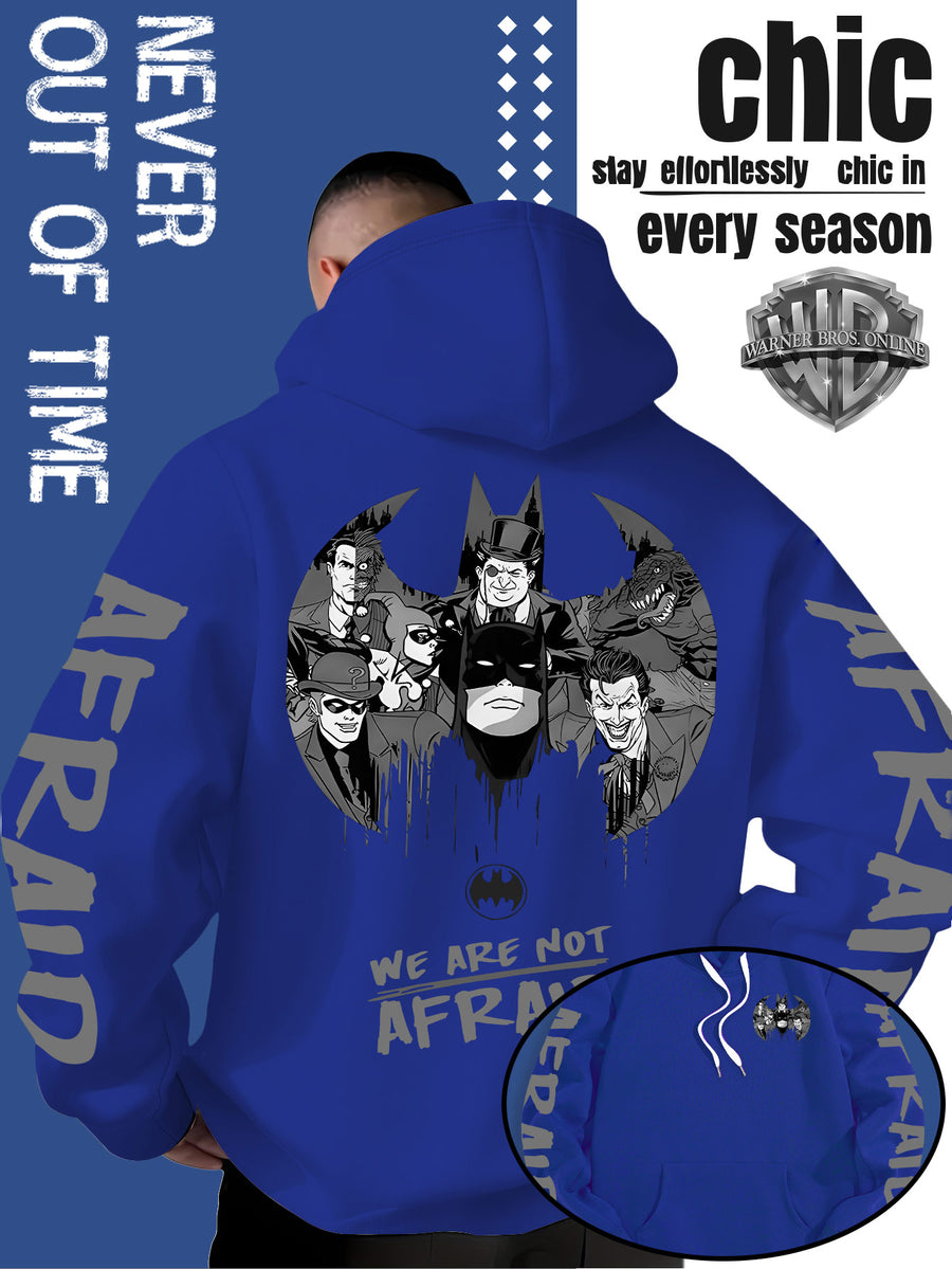 Men'S Hooded Sweatshirt Superhero Villain Group Black And White Comic Print, Batman Good And Evil Characters Gathered Design, Themed English Slogans And Rich Visuals, Dual Sleeves with Eye-Catching Graffiti Art Font - Royal Blue