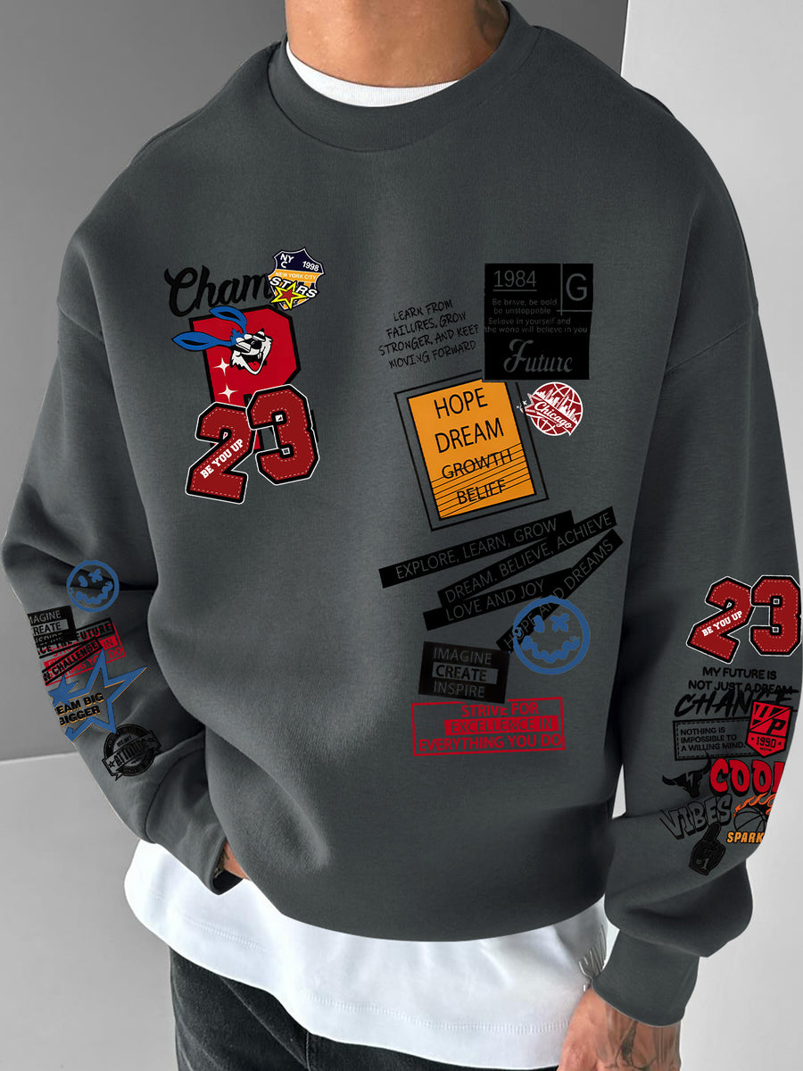 Men's Vintage '23' Number & Retro Logo Sweater - Relaxed Fit Round Neck Sweashirt, Machine Washable Casual Sweaters for Travel, Commuting, Parties (Non- Pullover) - Grey