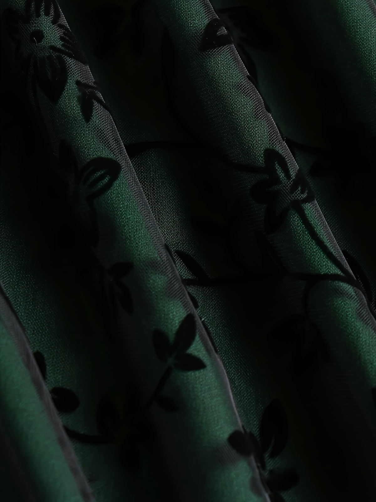 New High-Waisted Mesh Skirt with Loose Floral Embroidery A-Line for Women - Dark Green