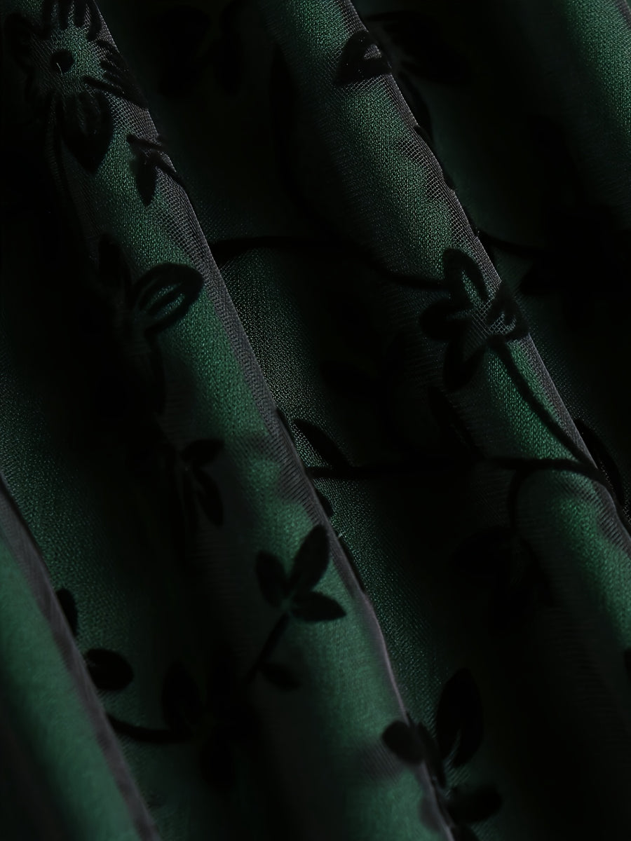 New High-Waisted Mesh Skirt with Loose Floral Embroidery A-Line for Women - Dark Green