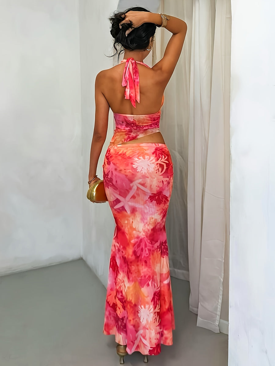 Sexy Halter Neck Maxi Dress for Women - Coral Pink Floral Print Cutout Bodycon Mermaid Evening Party Dress - Dark Pink