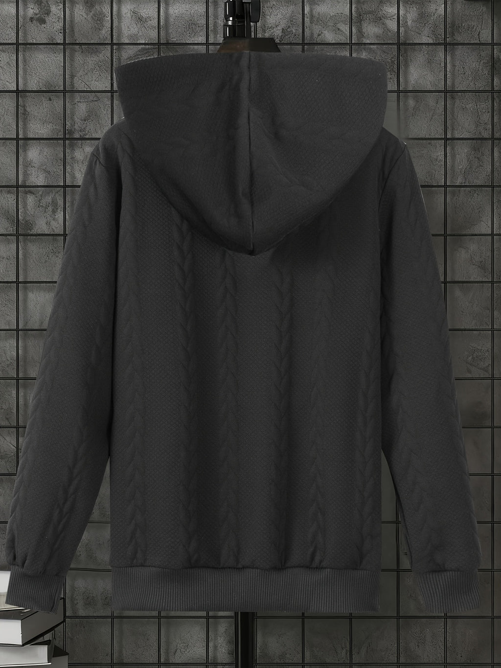 1pc Men'S Casual Knit Thick Hooded Shirt | Premium Soft Texture Skin-Friendly Fabric | Full Zipper Closure Design | Ribbed Cuff Design | Geometric Pattern Jacquard Texture | Loose Comfortable Fit | Soft Skin-Friendly Comfortable Warm | Indoor Office - Black