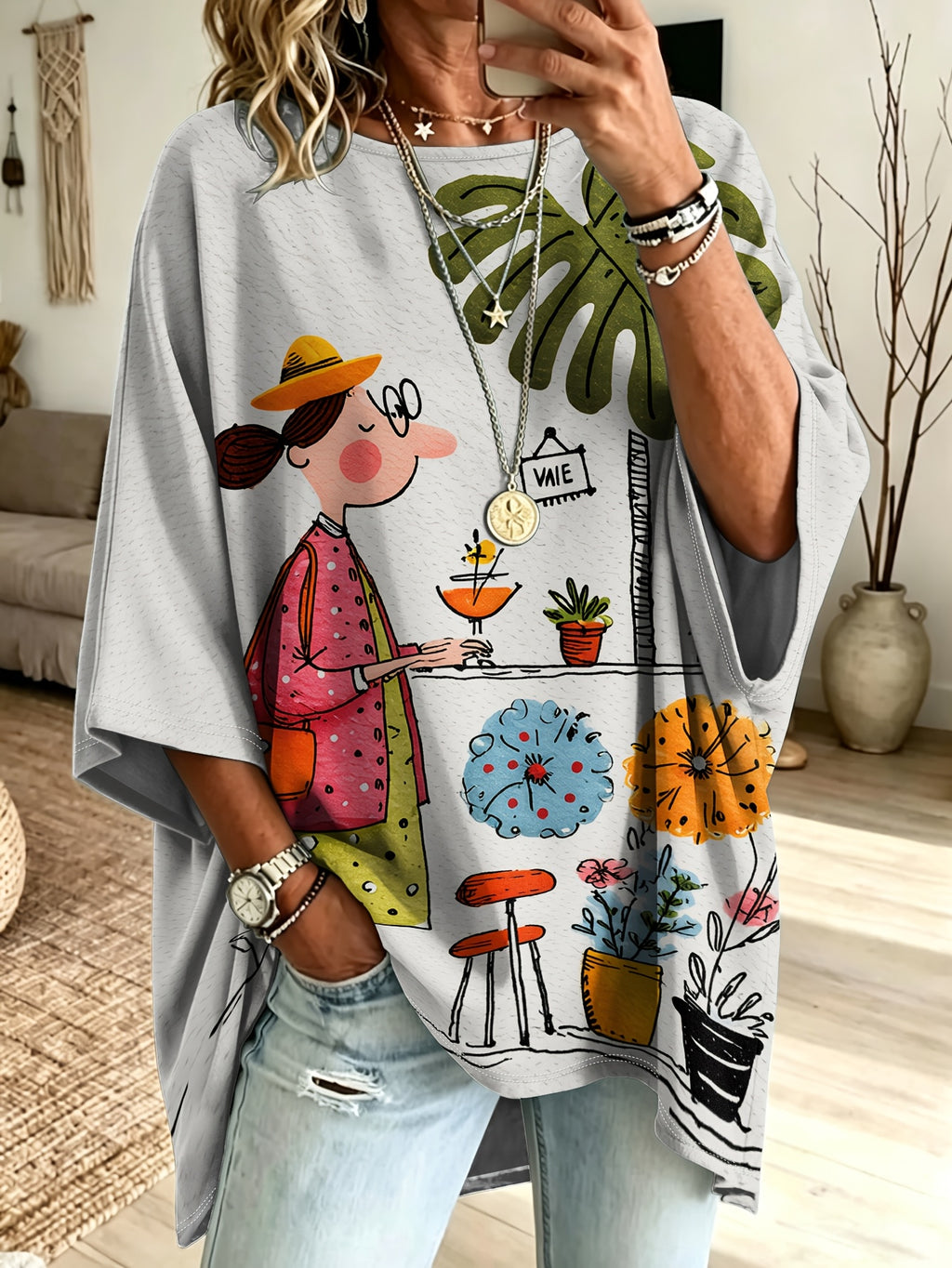 Plus Size, Women's Plus Size Loose-Fitting Cartoon Hand-Drawn with Green Plants and Flowers Print Crew Neck Three-Quarter Sleeve Top, Mid-Length Casual Versatile Sweatshirt T-Shirt - Gray background color