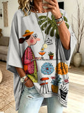 Plus Size, Women's Plus Size Loose-Fitting Cartoon Hand-Drawn with Green Plants and Flowers Print Crew Neck Three-Quarter Sleeve Top, Mid-Length Casual Versatile Sweatshirt T-Shirt - Gray background color