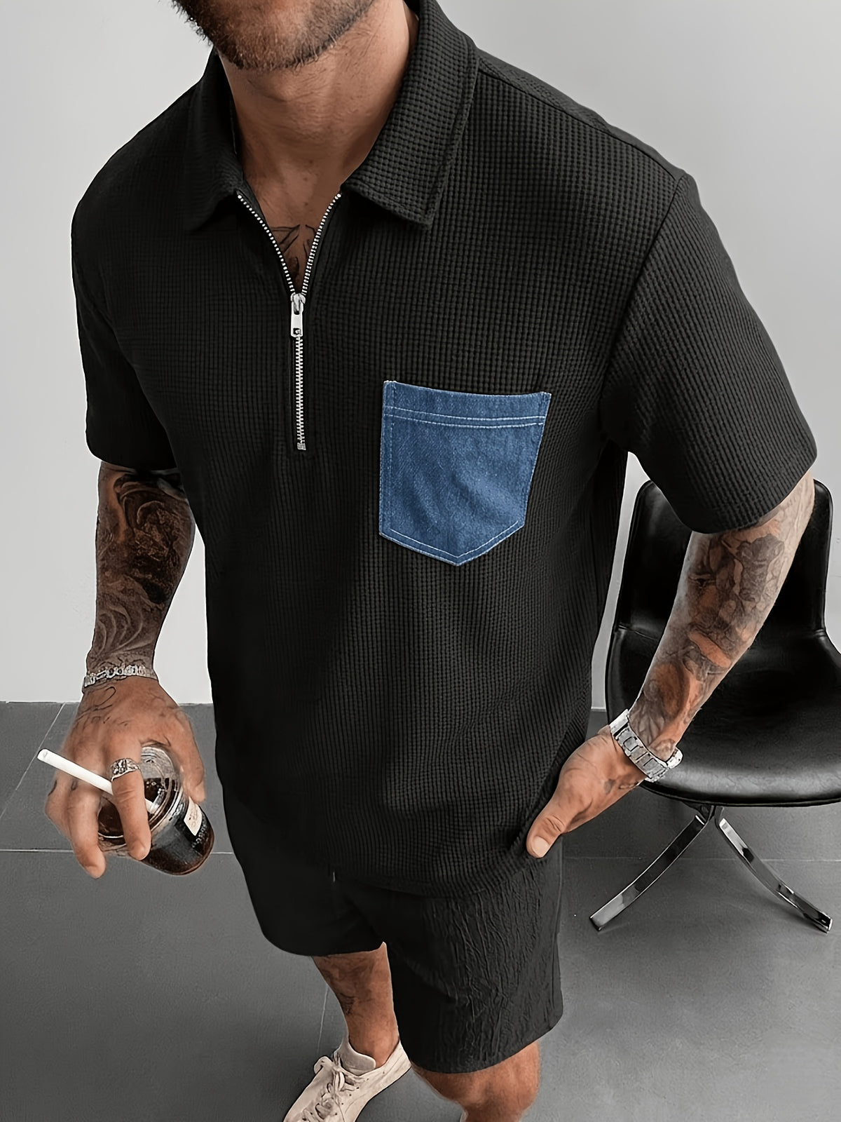 Spring Summer Men'S Easy Half-Zipper Collar Short Sleeve T-Shirt Faux Denim Patch Pocket Casual Polo Shirt Comfortable All-Match - Black