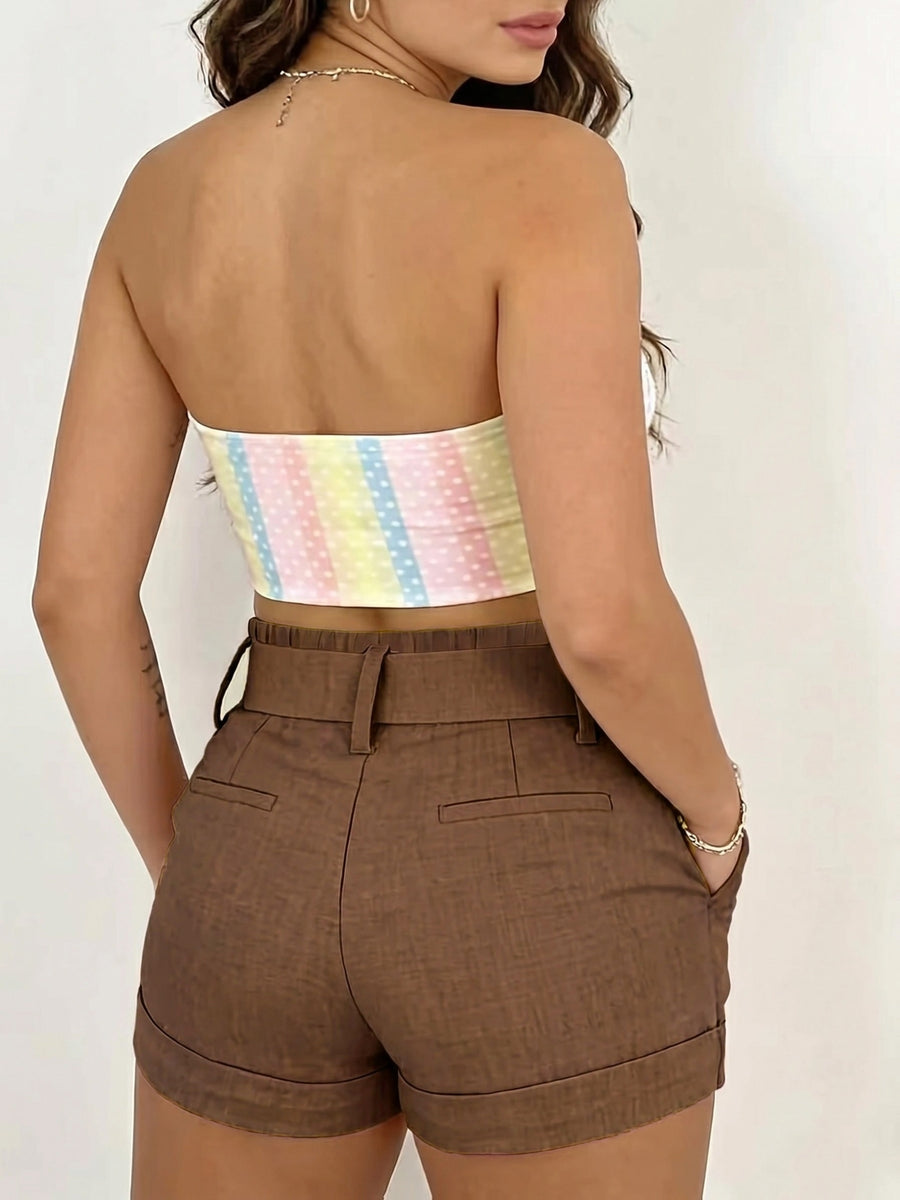 New Summer 2026 Solid Color High-Waist Three-Quarter Fashion Shorts - Coffee Color