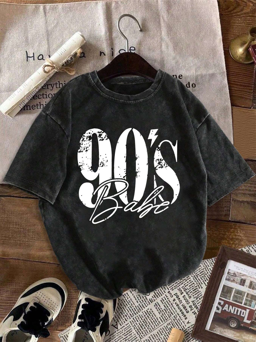 Women's Vintage Fashion T-Shirt with "90's Babe" Graphic Print, Casual Crew Neck Tee, Vintage Distressed Font - 100% Soft Fabric | Crew Neck | Short Sleeve | Slightly Stretchy | All-Season Top | Fashionable | Shirt | Warm | Stylish Top | Minimalist | - Deep Grey