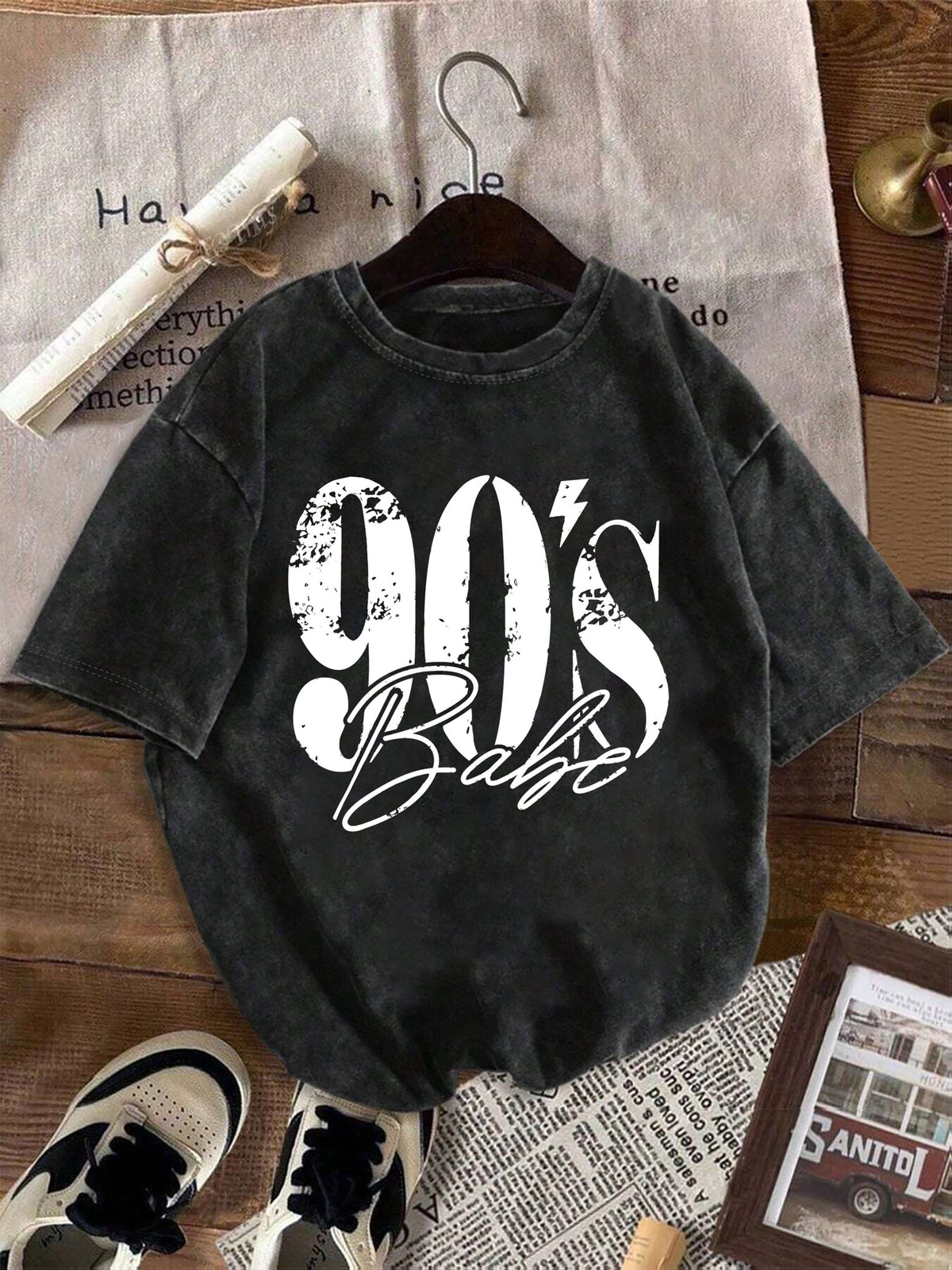 Women's Vintage Fashion T-Shirt with "90's Babe" Graphic Print, Casual Crew Neck Tee, Vintage Distressed Font - 100% Soft Fabric | Crew Neck | Short Sleeve | Slightly Stretchy | All-Season Top | Fashionable | Shirt | Warm | Stylish Top | Minimalist | - Deep Grey
