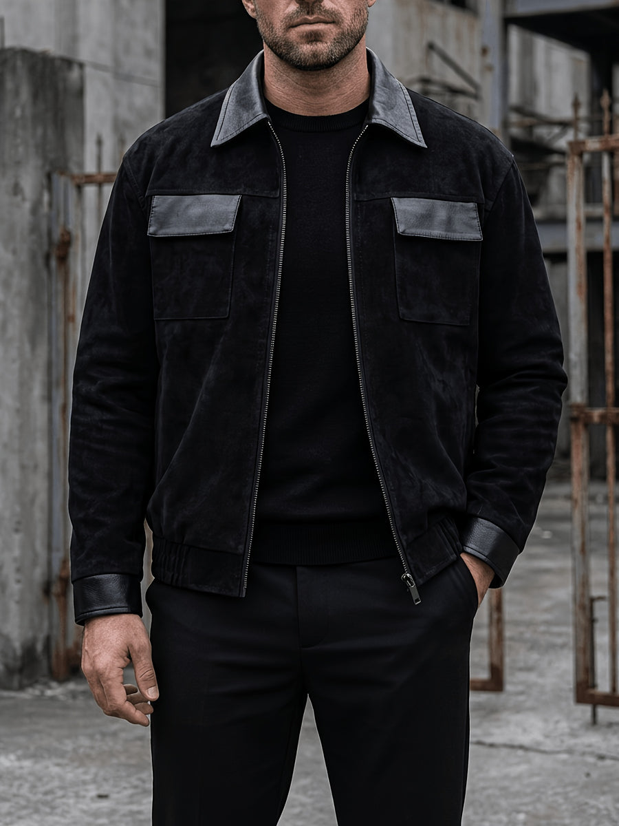 Men's Vintage Patchwork Outerwear, Notched Lapel Suedette-Look Zipper Baseball Jacket with Suedette Contrast Trim on Collar, Pockets, and Cuffs, Autumn/Winter Daily Warm Short Coat - Charcoal