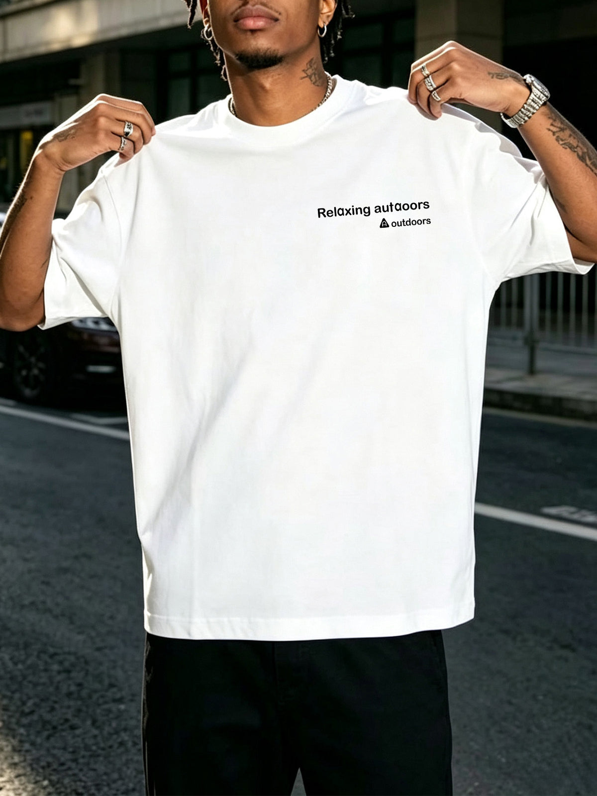 Men's Loose Fit T-Shirt with Minimalist Red Circular Back Print, Short Sleeve, 100% Pure Cotton, 240g Versatile Short Sleeve, Unique Pattern, Thick Fabric, Sweat-Absorbent and Breathable, Comfortable Inner Layer Casual Top, Daily Streetwear - White