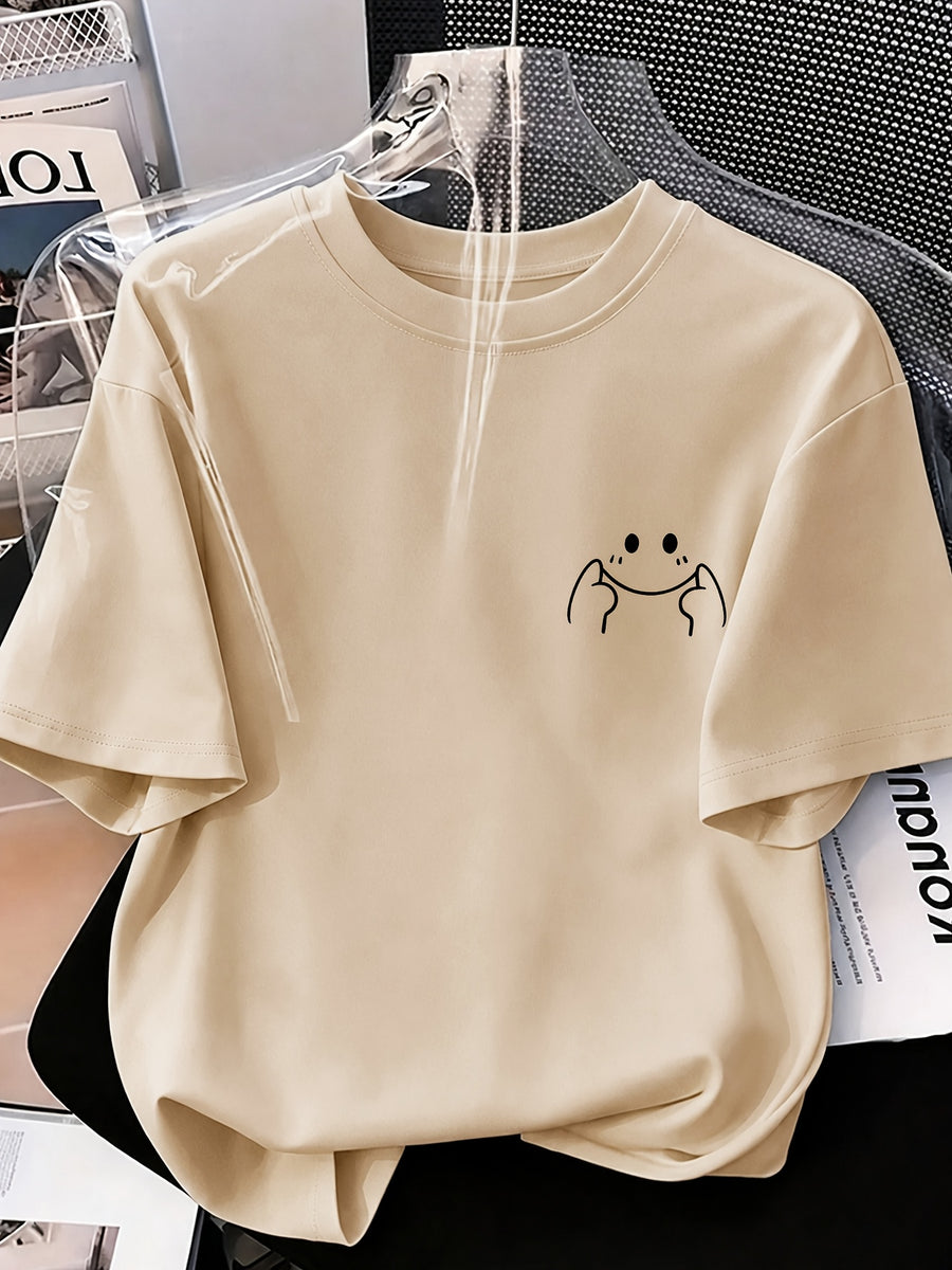 Women's High-Elastic Blouse T-Shirt Suitable for Café Visits, Picnic & Home Wear - Minimalist Smiling Face Print Round Neck Top, Machine Washable Non- Shirt for - Casual Outfits (Age-Reducing Versatile Wardrobe Staple) - Khaki