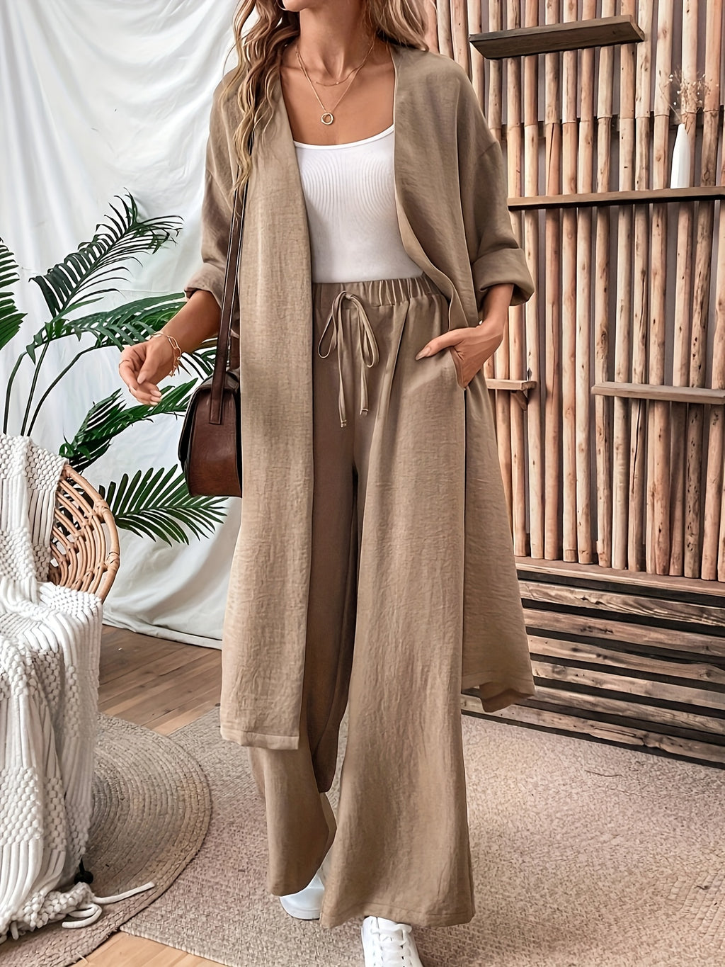 Women'S Loose Long Coat And Versatile Wide-Leg Pants Casual 2pcs Set - Khaki