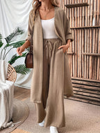 Women'S Loose Long Coat And Versatile Wide-Leg Pants Casual 2pcs Set - Khaki
