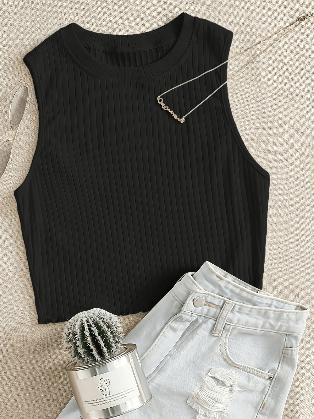 Solid Color Sleeveless Ribbed Lettuce Edge Vest - Black