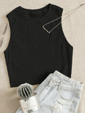 Solid Color Sleeveless Ribbed Lettuce Edge Vest - Black