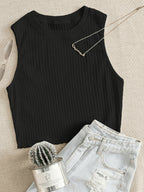 Solid Color Sleeveless Ribbed Lettuce Edge Vest - Black