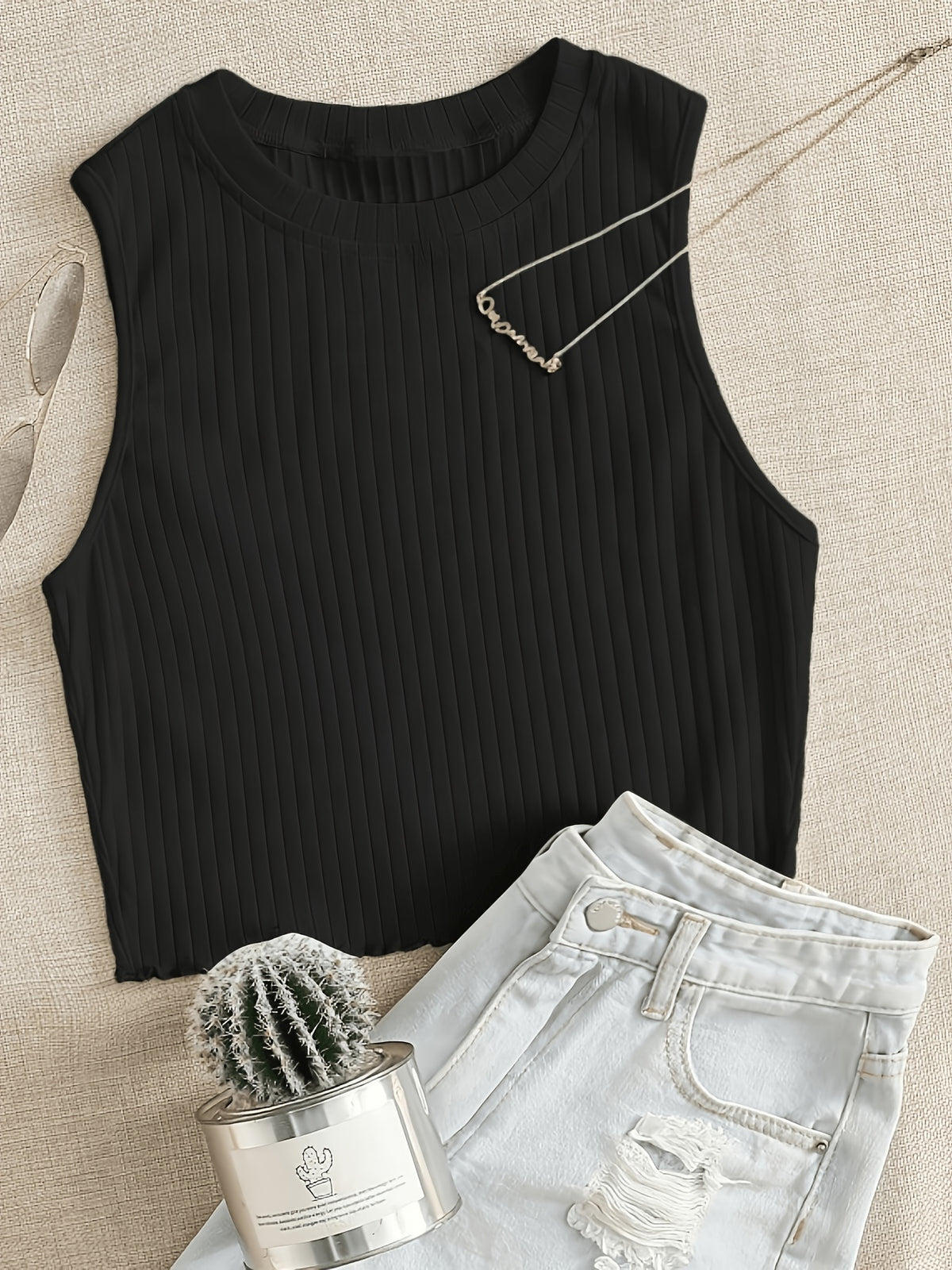 Solid Color Sleeveless Ribbed Lettuce Edge Vest - Black