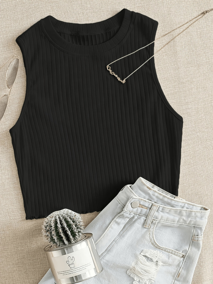Solid Color Sleeveless Ribbed Lettuce Edge Vest - Black