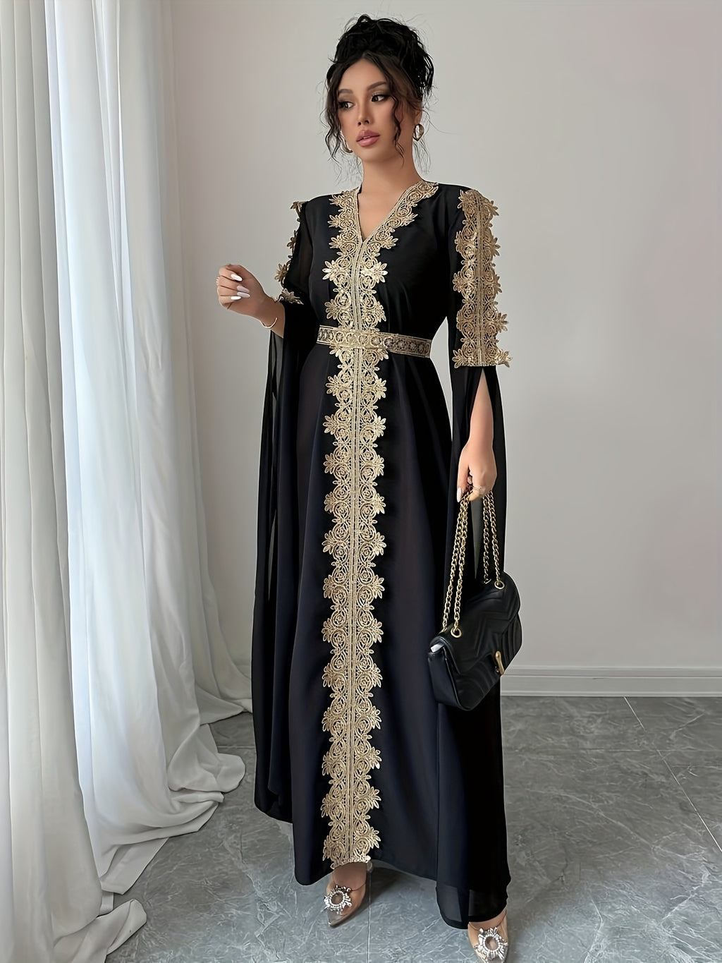 DJ0518185 Integrated Exquisite Golden Embroidery Mesh Outer Wrap Dress, Luxurious Elegant Temperament, "Golden Embroidery" Highlights Golden Embroidery Element - Black