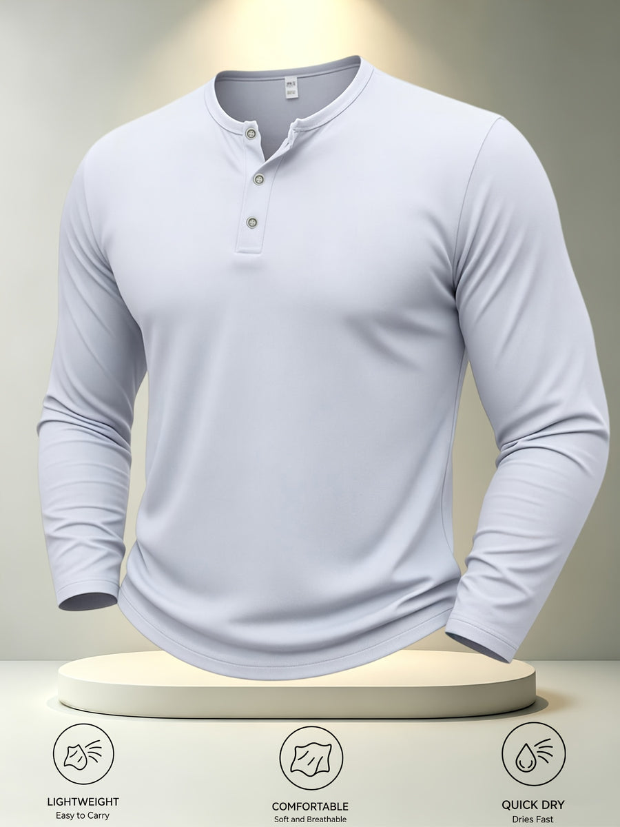 Men's Plus Size Solid Color Henley Shirt Button-Front Placket -Neck Collar - Lightweight Breathable Muscle-Line Suitable for Work, Gym & Daily Commuting, - Casual Button-Up Shirt for Men - White