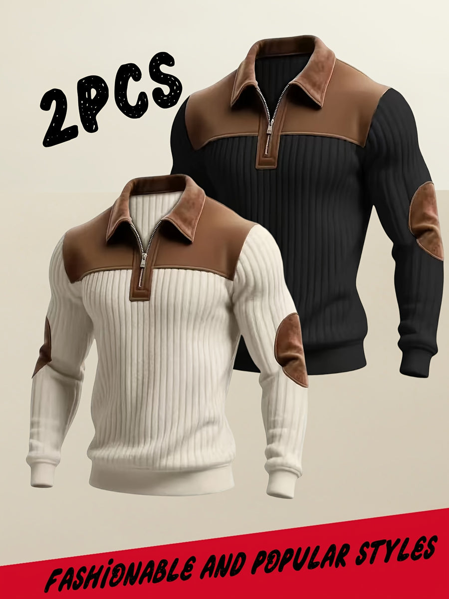 Men's Casual Long Sleeve Lapel Pullover with Patchwork Half-Zip Design, Two-pc, Multiple Colors Available, Men's Outdoor Casual Wear Suitable for Outdoor Sports and Vintage Casual Styling - Apricot+Black