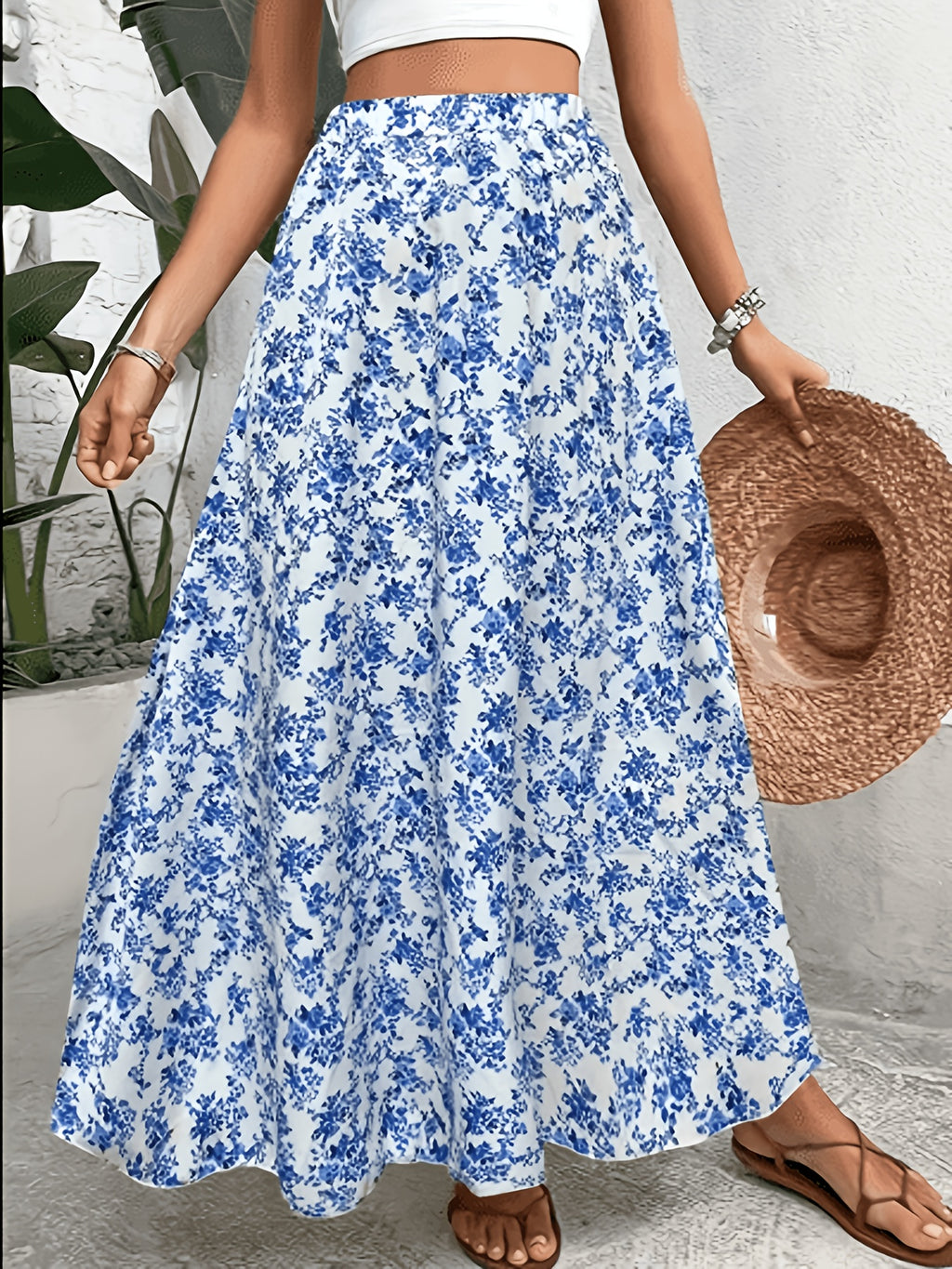 Elastic Waist Fashion Print Long A-Line Casual Versatile Midi Skirt - Vibrant Blue