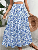 Elastic Waist Fashion Print Long A-Line Casual Versatile Midi Skirt - Vibrant Blue