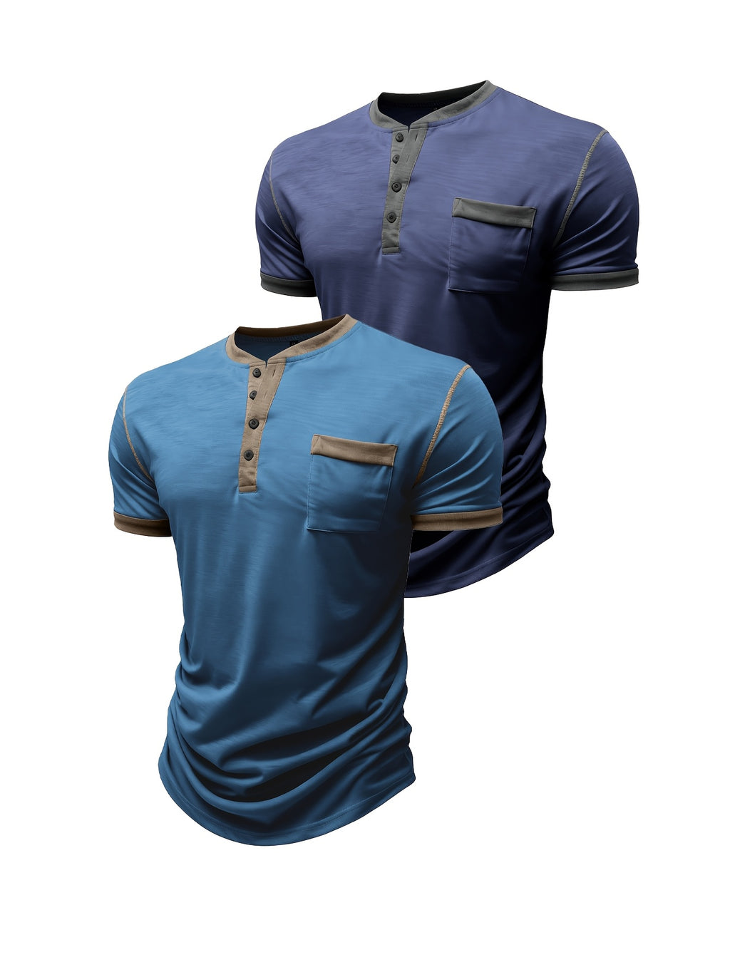 Summer Men'S Short Sleeve T-Shirt Classic Henry Shirt Men'S Short Sleeve Shirt Soft And Skin-Friendly A Must-Have for Summer Breathable And Cool Two-Piece Set for - Blue with Royal Blue