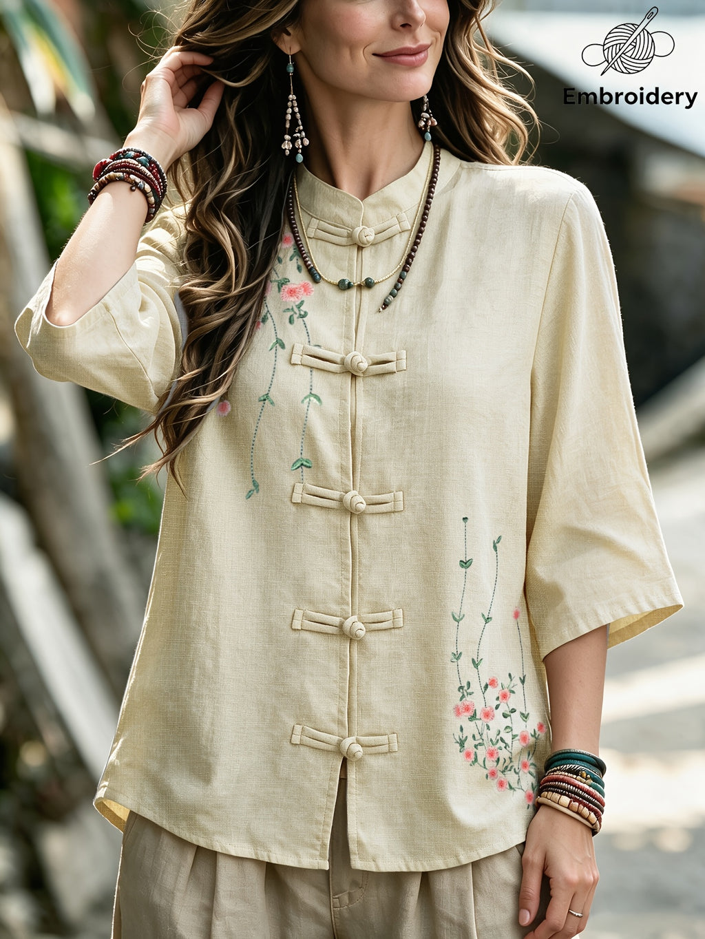 INS Chinese Style Shirt - Women'S Mid-Length Cheongsam Cardigan, Retro Button-Front And Embroidered Stand Collar, Suitable for Daily, Office, And Semi-Formal Wear, Machine Washable, All-Season Casual Top A281 - Apricot