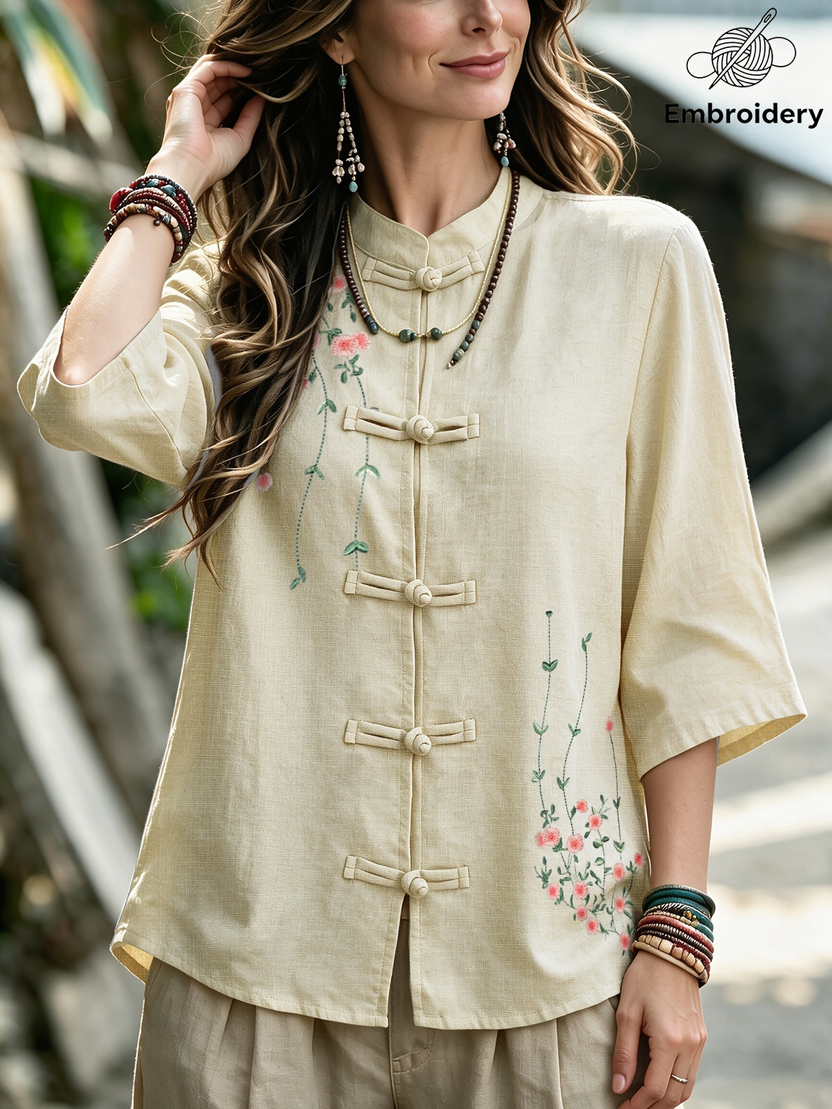 INS Chinese Style Shirt - Women'S Mid-Length Cheongsam Cardigan, Retro Button-Front And Embroidered Stand Collar, Suitable for Daily, Office, And Semi-Formal Wear, Machine Washable, All-Season Casual Top A281 - Apricot