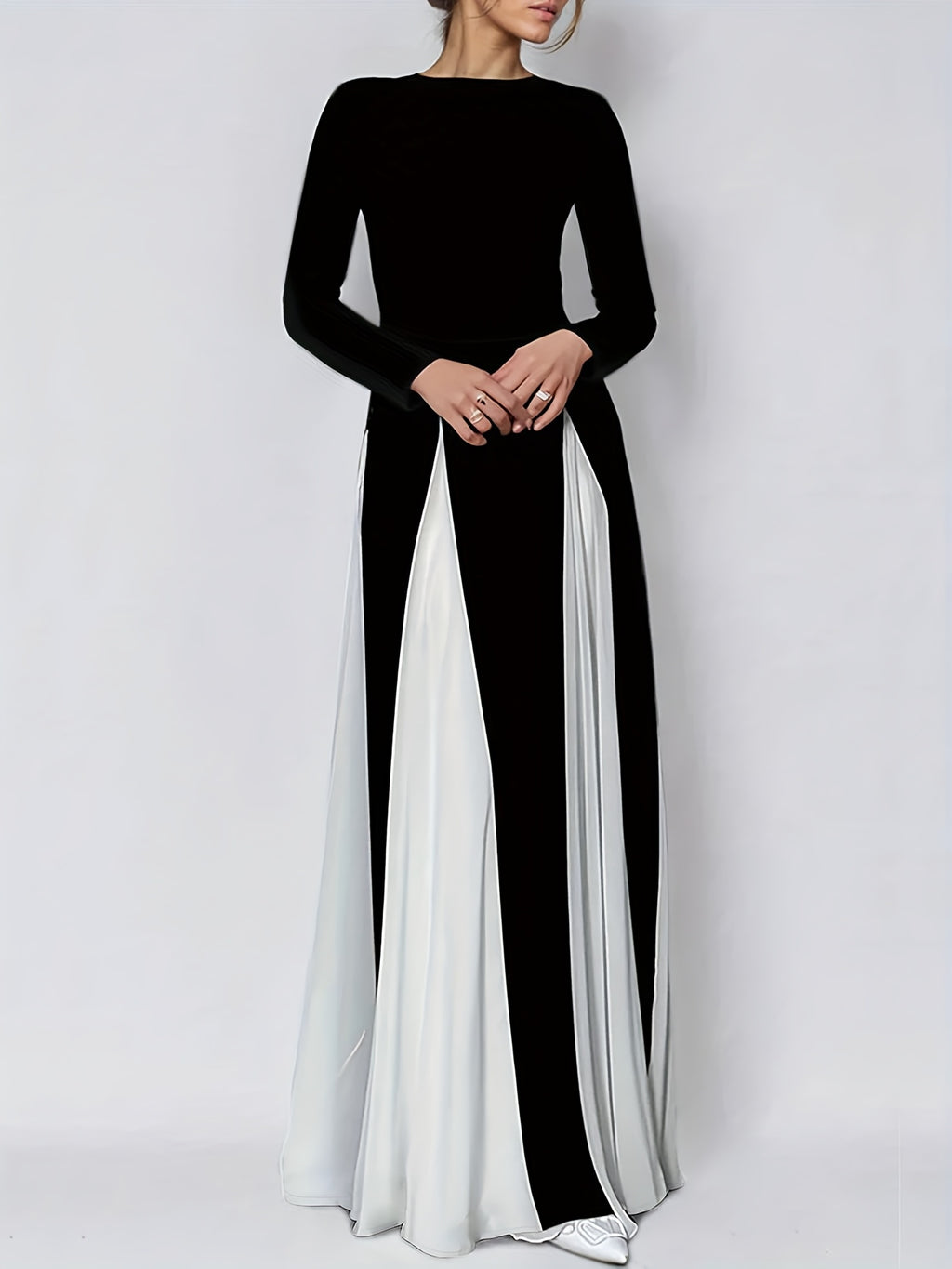 QC High-End Black and White Contrast Color Spliced Maxi Dress with Flared Hem, Round Neck, Long Sleeves, and Waist Cinching for an Elegant Look - Black