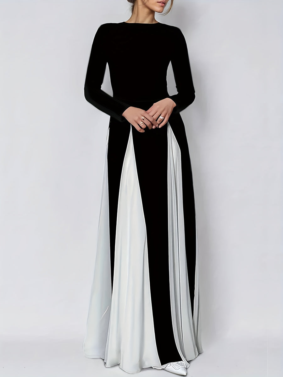 QC High-End Black and White Contrast Color Spliced Maxi Dress with Flared Hem, Round Neck, Long Sleeves, and Waist Cinching for an Elegant Look - Black