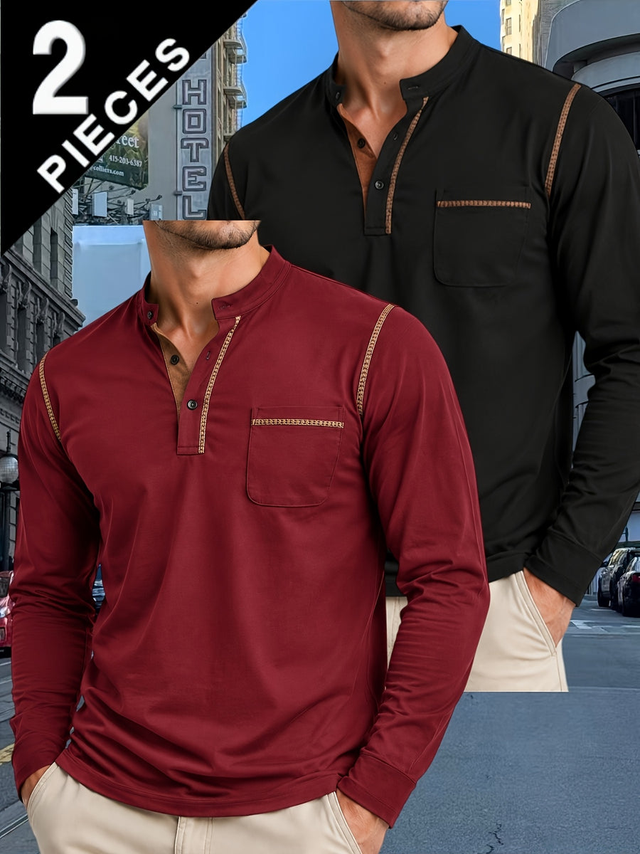 2pcs Men'S Autumn Winter Stand-Collar Long Sleeve Henley Shirts, Contrast Color Pinstripe Polo Shirts with Pockets, Soft And Breathable Sweat-Absorbing, Business Casual Basic Long Sleeve Top, Skin-Friendly Soft Fabric Comfortable, Sweat-Resistant - Wine Red + Black
